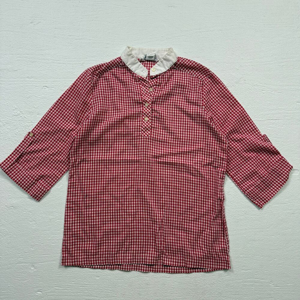 Vintage 80s Trissi Red Gingham Blouse White Collar, Size 12